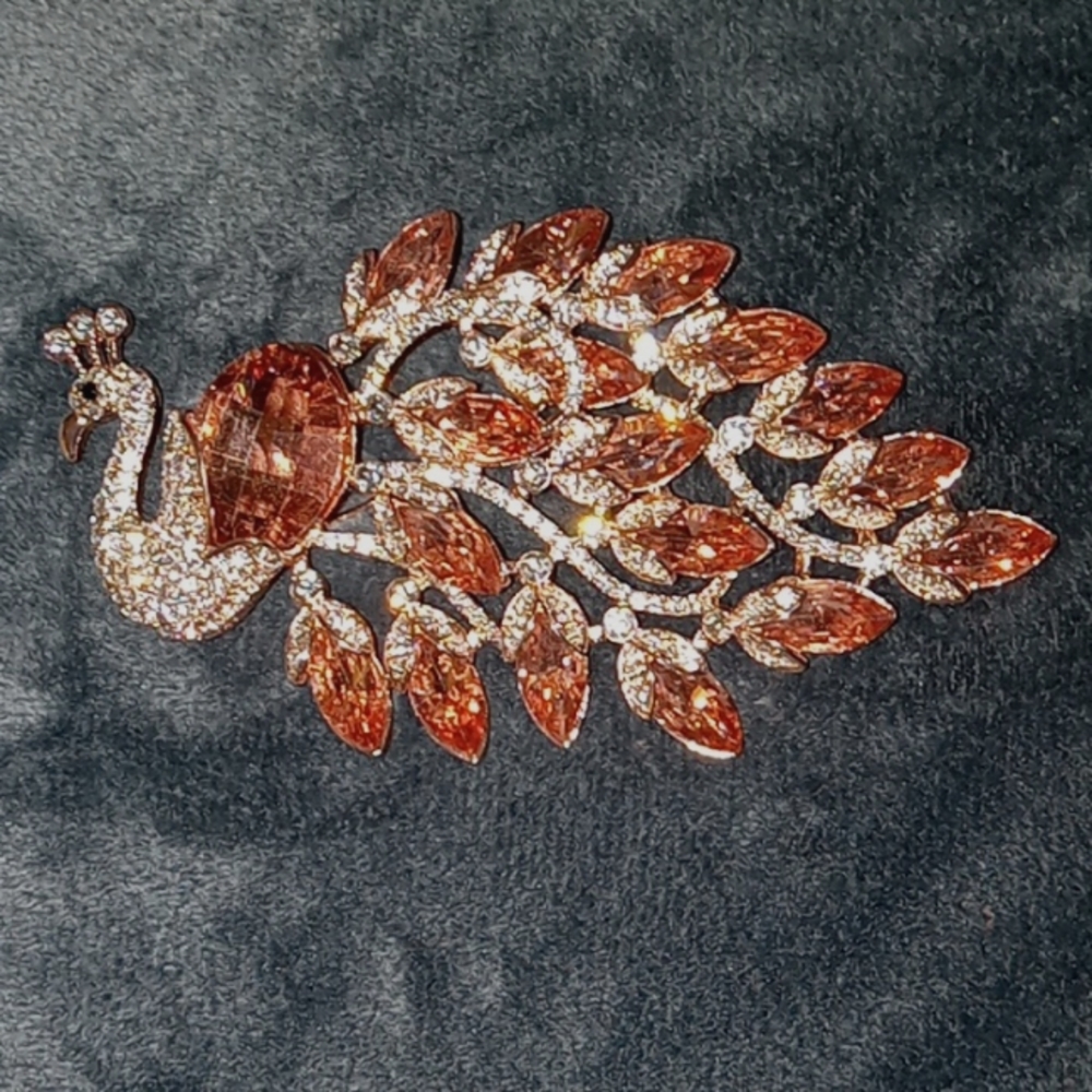 NEW w/box Large Peacock design brooch with pink stones. Jtv